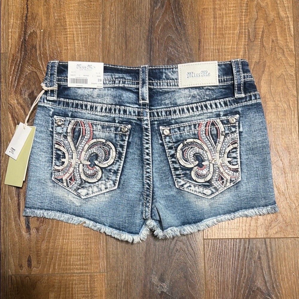 Miss Me Embellished Back Pocket Denim Shorts in Blue with Pink Accents